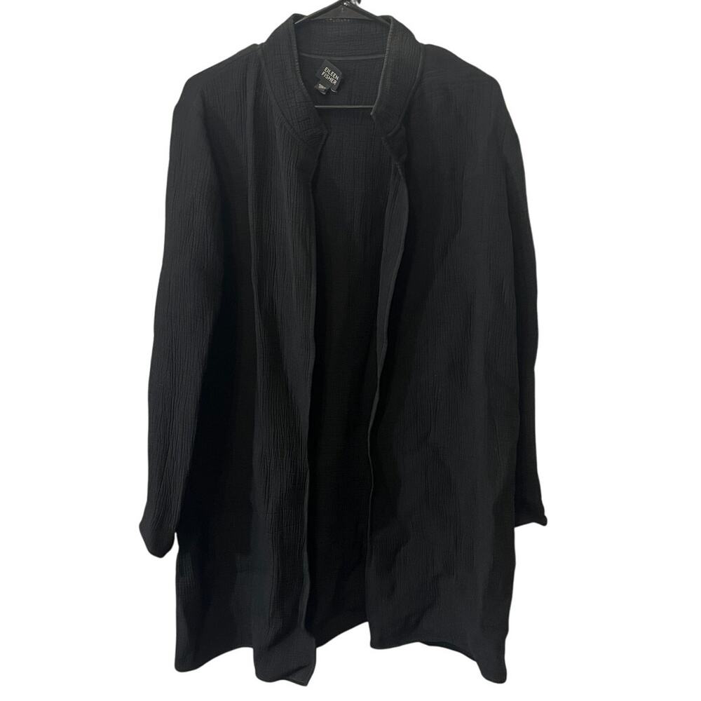 EILEEN FISHER Black Textured Open Front Cardigan Rayon Silk Blend Stretch Medium
